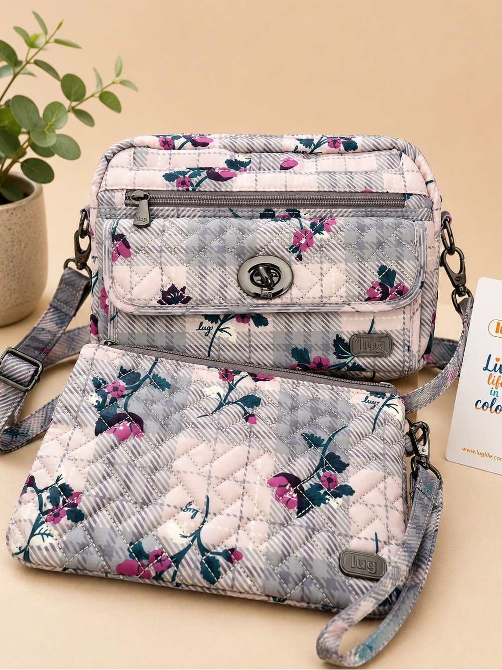 Switch Crossbody Bag & Peekaboo Pouch Set- Plaid Floral Pearl